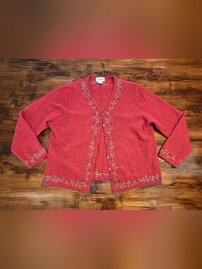 Vintage Lambswool/Silk embroidered L L Bean Cardigan Maroon Floral sz L